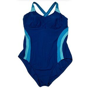Lands’ End Women’s One Piece Swimsuit Size 16 Blue Crossback Colorblock Athletic